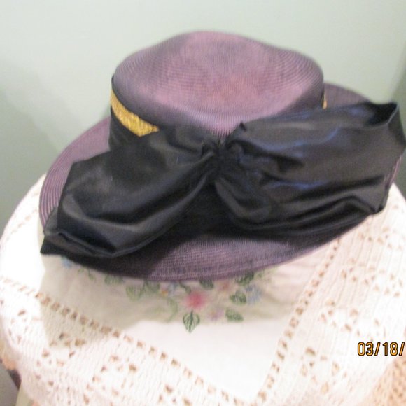 Eric Javits Black Straw Hat Gold Trim Bow Back main image 9